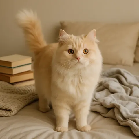 Fluffy Cream-colored Cat Standing on a Bed with Books