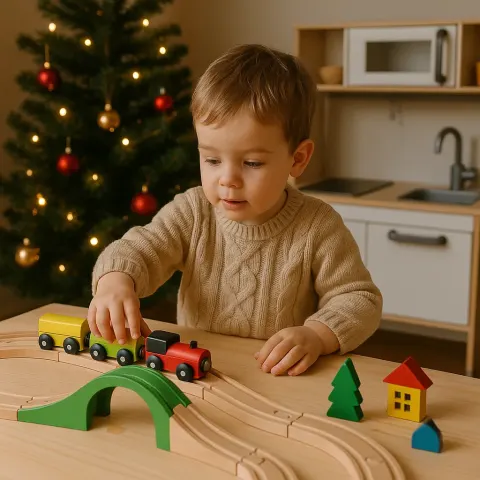 Child Plays with a Colorful Wooden Train