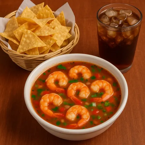 Bowl of Shrimp Soup Alongside a Basket of Tortilla Chips