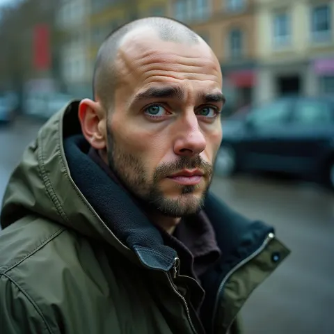 Bald Man in Raincoat on CineStill Film
