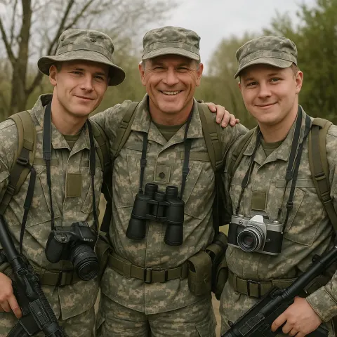 Three Soldiers in Military Uniforms Pose Casually Outdoors