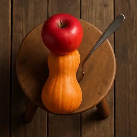 Wooden Stool Holds an Orange Squash with a Spoon Stuck