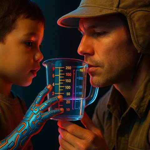 Child's Cybernetic-patterned Fingers Gently Touch an Explorer's Subtly Defined Lips