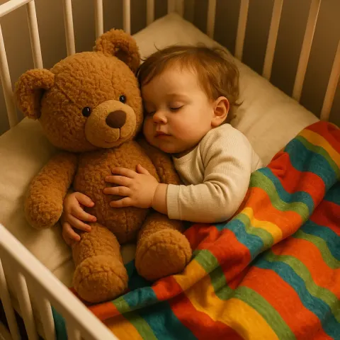 Young Child Lying in a Crib Cuddling a Large Teddy