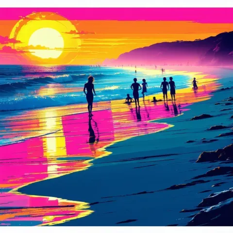 Pop Art Beach Sunset With Silhouetted Beachgoers