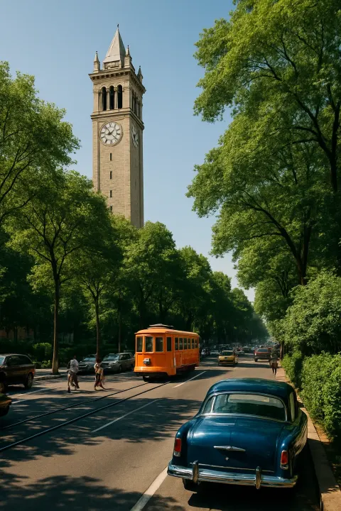 Towering Stone Clock Tower Overlooks a Lively Avenue