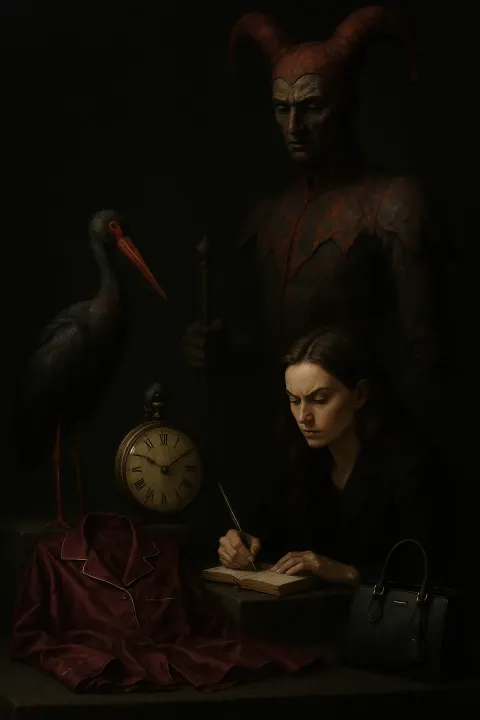 Before a Central Altar Laden with Mysterious Offerings—a Burgundy Silk
