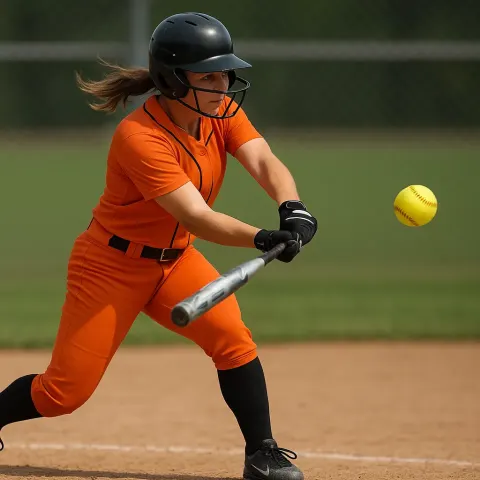 Softball Player in an Orange Uniform Swings a Bat