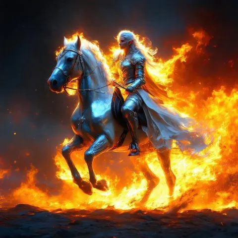 Flaming Elf Riding a Silver Horse