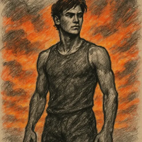 Charcoal-sketched Athletic Figure with Medium Brown Hair Stands Alert