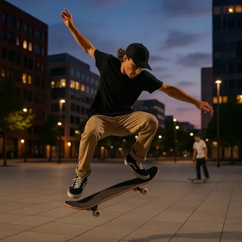 Skateboarder Performs a Trick in an Urban Plaza at Dusk