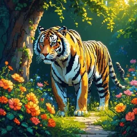 Pixel Tiger Standing Among Vibrant Flowers