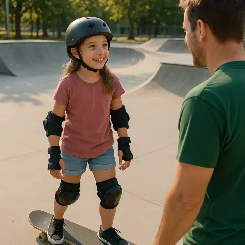 Young Girl in Protective Gear Stands on a Skateboard