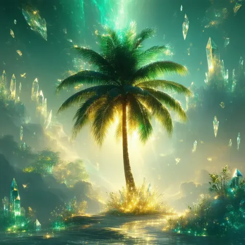 Luminous Palm Tree Amid Floating Crystals and Creatures