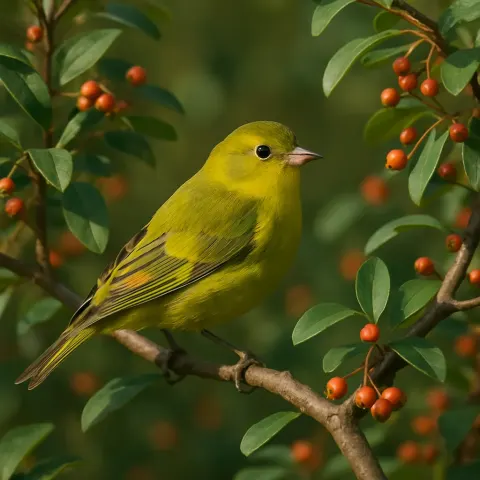 Small Green and Yellow Bird Perched on a Branch
