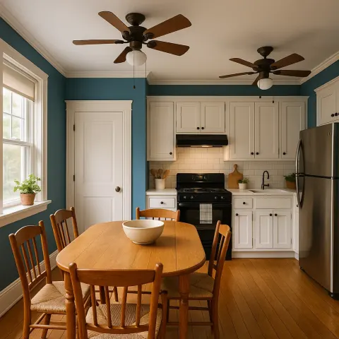 Cozy Kitchen and Dining Area with Blue Walls