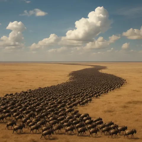 Immense Herd of Tiny Wildebeest Stretches Like a Moving River
