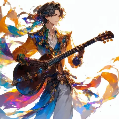 Anime Bard Strumming Guitar in Dramatic Light