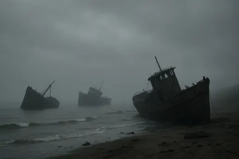 Few Derelict Shipwrecks Lie Scattered and Half-submerged Along a Desolate