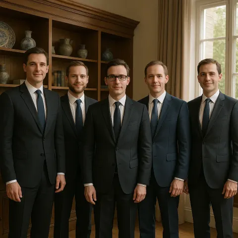 Five Men Wearing Formal Suits Stand in a Row Inside