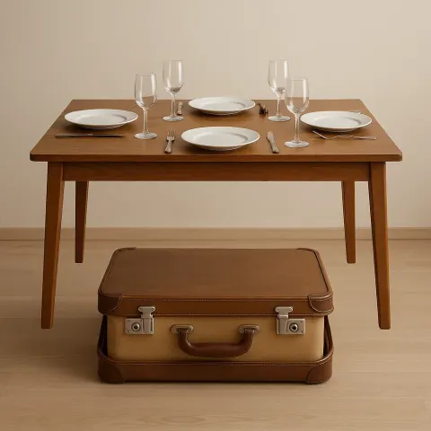 Open Suitcase with a Dining Table Balanced on Top