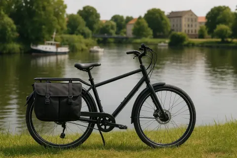 Black Cargo Bike with Panniers Parked on Grass
