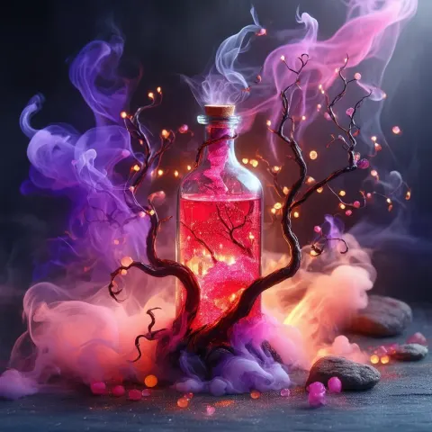 Claymation Bottle of Red Elixir in Pink Smoke