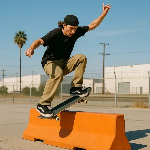 Skateboarder Performs a Trick on an Orange Barrier