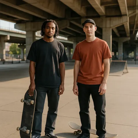 Two Skateboarders Stand on a Paved Area under an Urban