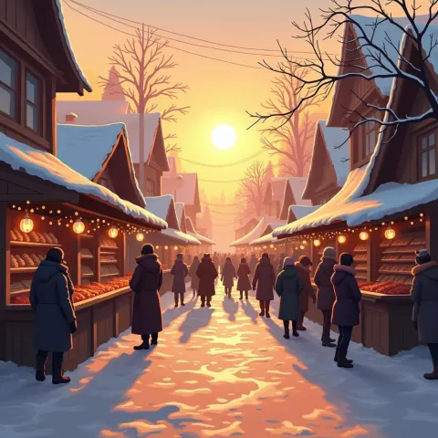 Festive Winter Market Under a Pixelated Sun