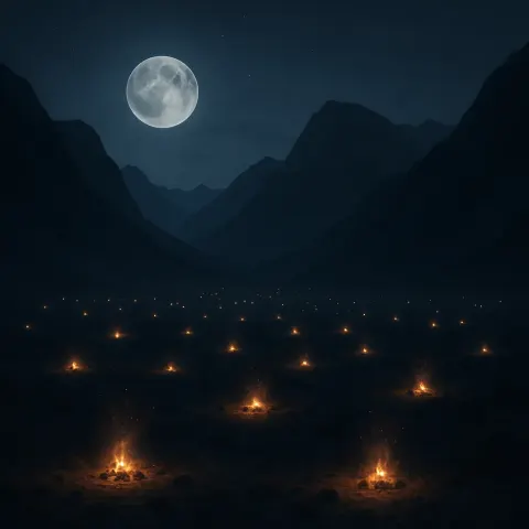 Numerous Distant Campfires Flicker Like Scattered Embers Across a Vast