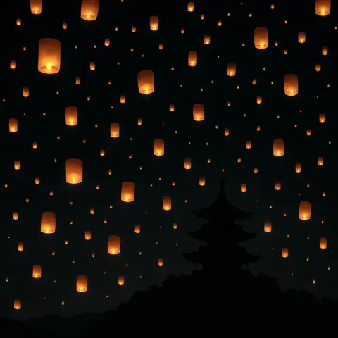 Innumerable Glowing Lanterns Ascend into a Dark Night Sky