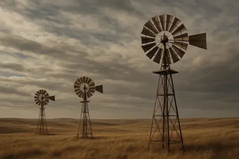 Few Weathered Windmills Stand Sentinel on a Vast
