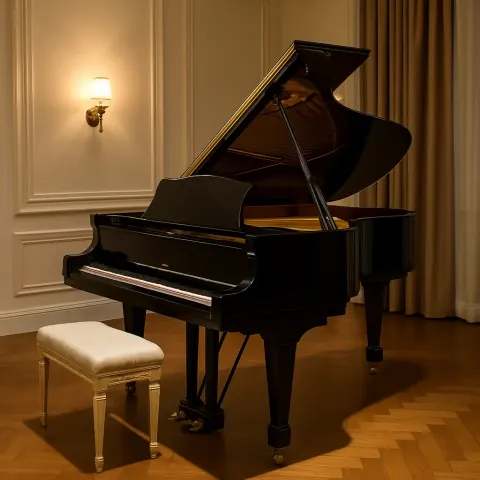 Sleek Grand Piano with a Lustrous Black Finish Exudes Sophistication