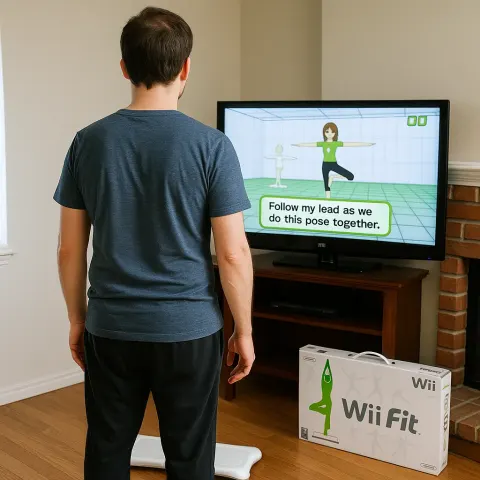 Person Stands in Front of a TV Displaying Wii Fit