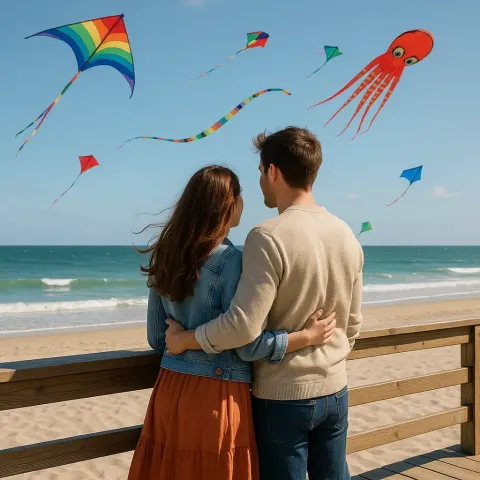 Couple Stands on a Wooden Boardwalk near a Beach