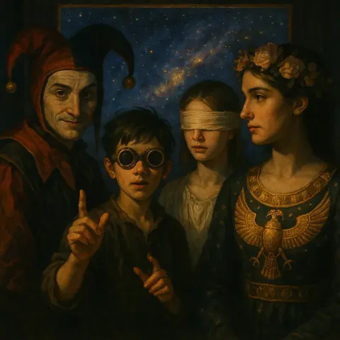 Jester Meets the Viewer's Eye While a Goggled Innocent Gestures