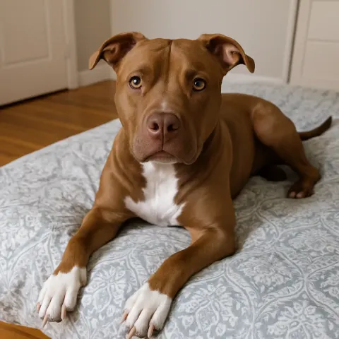 Brown Pit Bull Dog with White Paws Lying