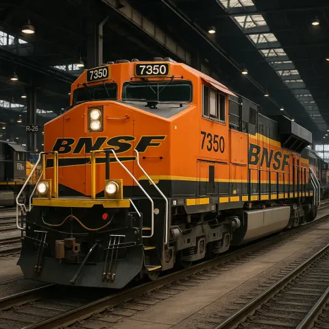 Contemporary Diesel-powered Locomotive Showcasing Corporate Logos Stationed in a Vibrant