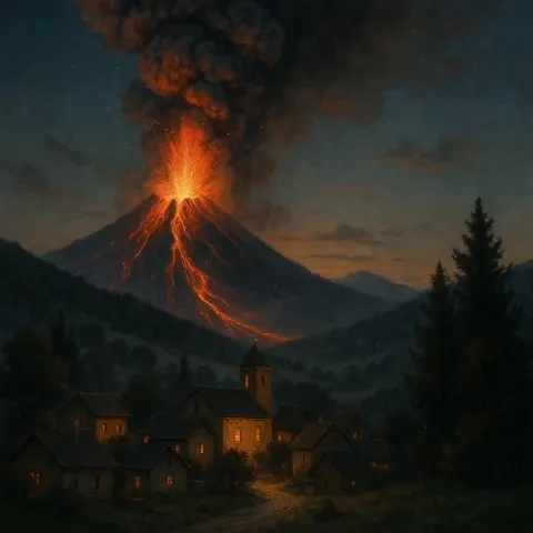 Serene Mountain Village Sits near a Volcano Erupting with Lava