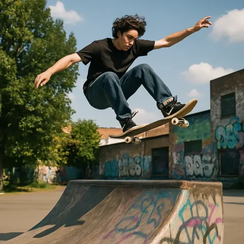 Skateboarder Performs an Aerial Trick Above a Ramp
