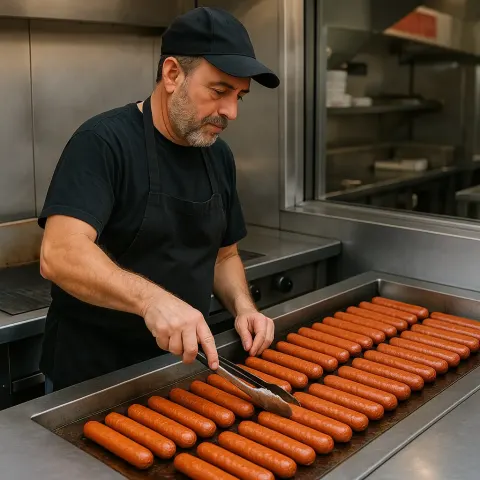 Vendor Grills Rows of Hot Dogs in a Food Service
