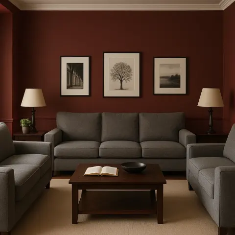 Burgundy-colored Living Room Featuring Gray Sofas and Coffee Tables Made