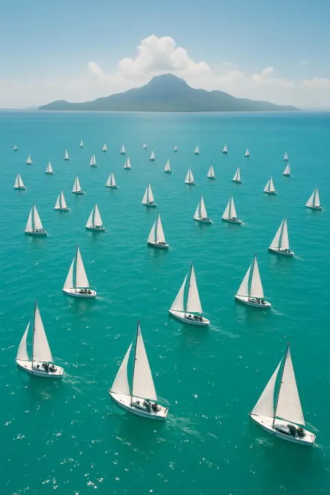 Scattered Fleet of Numerous Small Sailboats Glides Across a Vast
