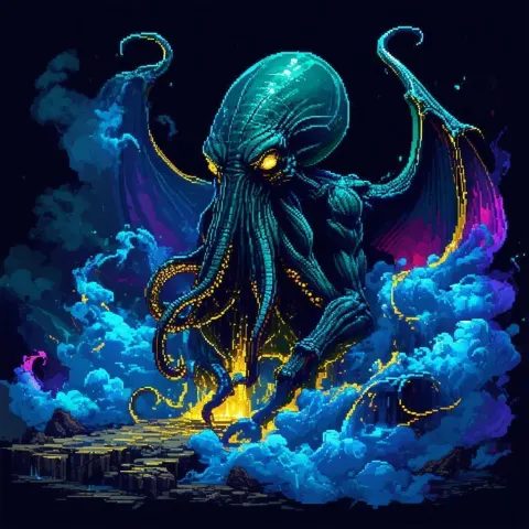 Pixel Cthulhu Wreathed in Swirling Colored Smoke