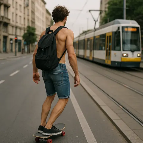 Shirtless Man with a Backpack Skateboards on a City Street