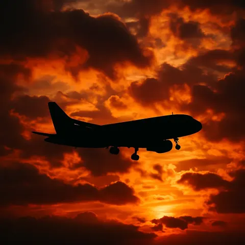 Silhouette of an Airplane Flying Against Dramatic