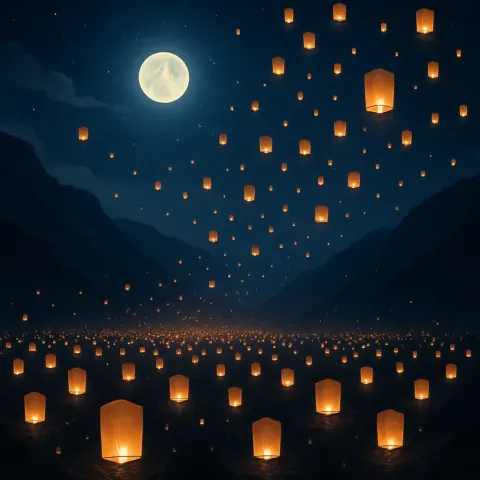 Myriad of Distant Paper Lanterns Float Serenely Skyward