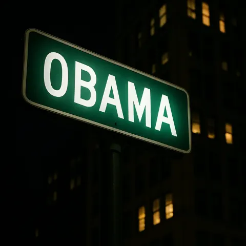 Street Sign Reading "Obama" Illuminated at Night