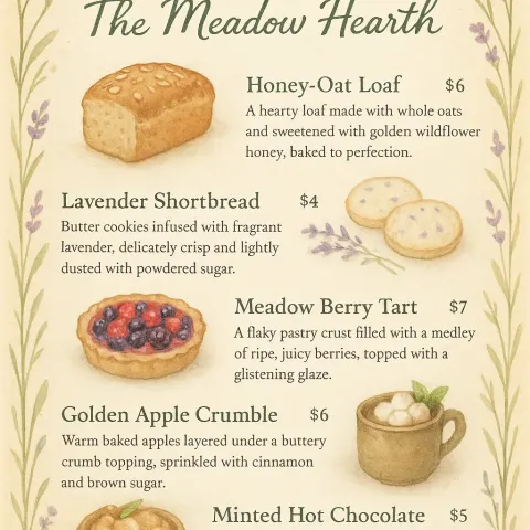 Enchanting Single-page Menu for a Rustic Bakery Named "The Meadow